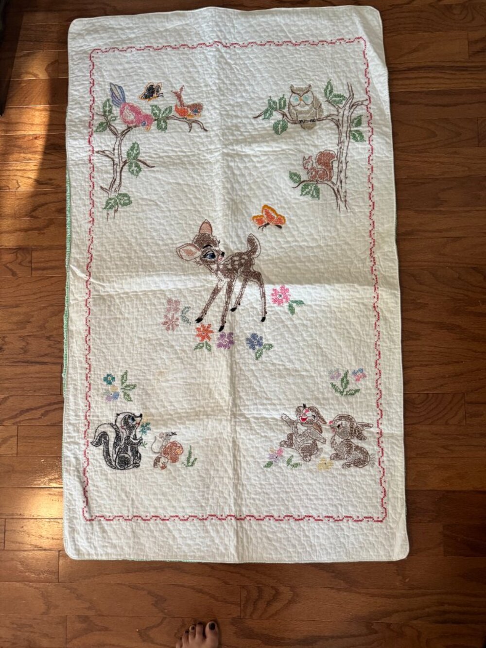 Vintage Disney Bambi Cross-Stitch Crib Blanket, Handmade 1970s (L5F8W)